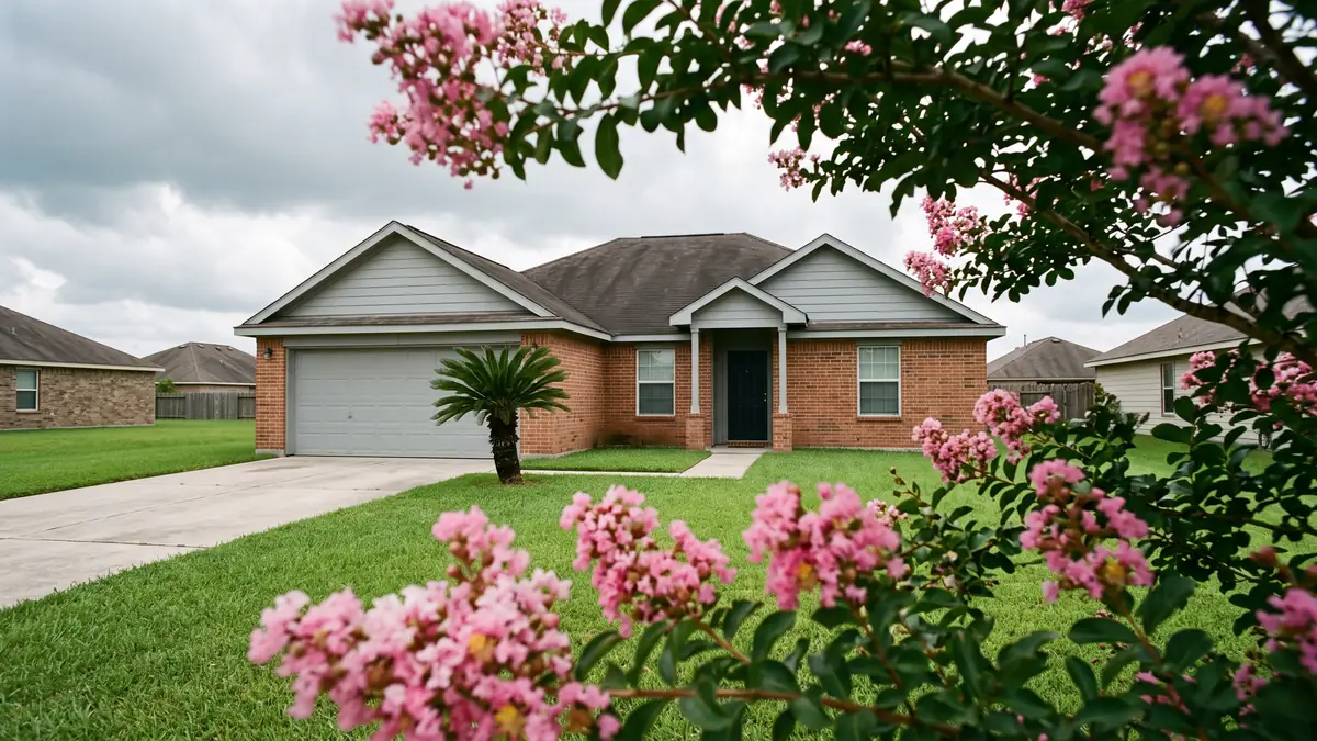 Brick-and-siding home seen through pink crepe myrtles under heavy Gulf Coast clouds — slab leak detection in Alvin, TX