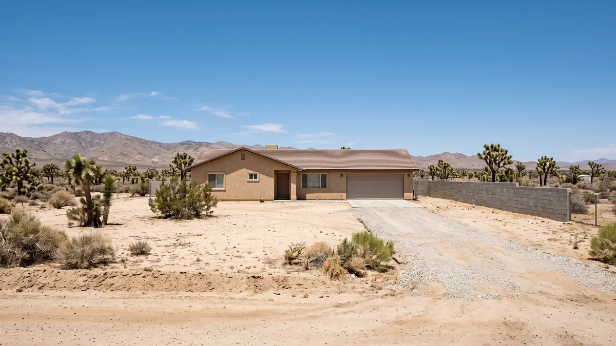 Tan stucco ranch on a sandy lot with Joshua trees, creosote and a block wall — slab leak detection in Apple Valley, CA