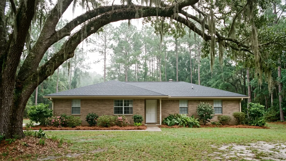 Brick ranch under a live oak draped in Spanish moss with longleaf pines — slab leak detection in Fleming Island, FL