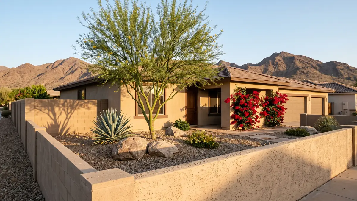 Stucco home with a palo verde, agave and boulders below desert mountains — slab leak detection in Florence, AZ