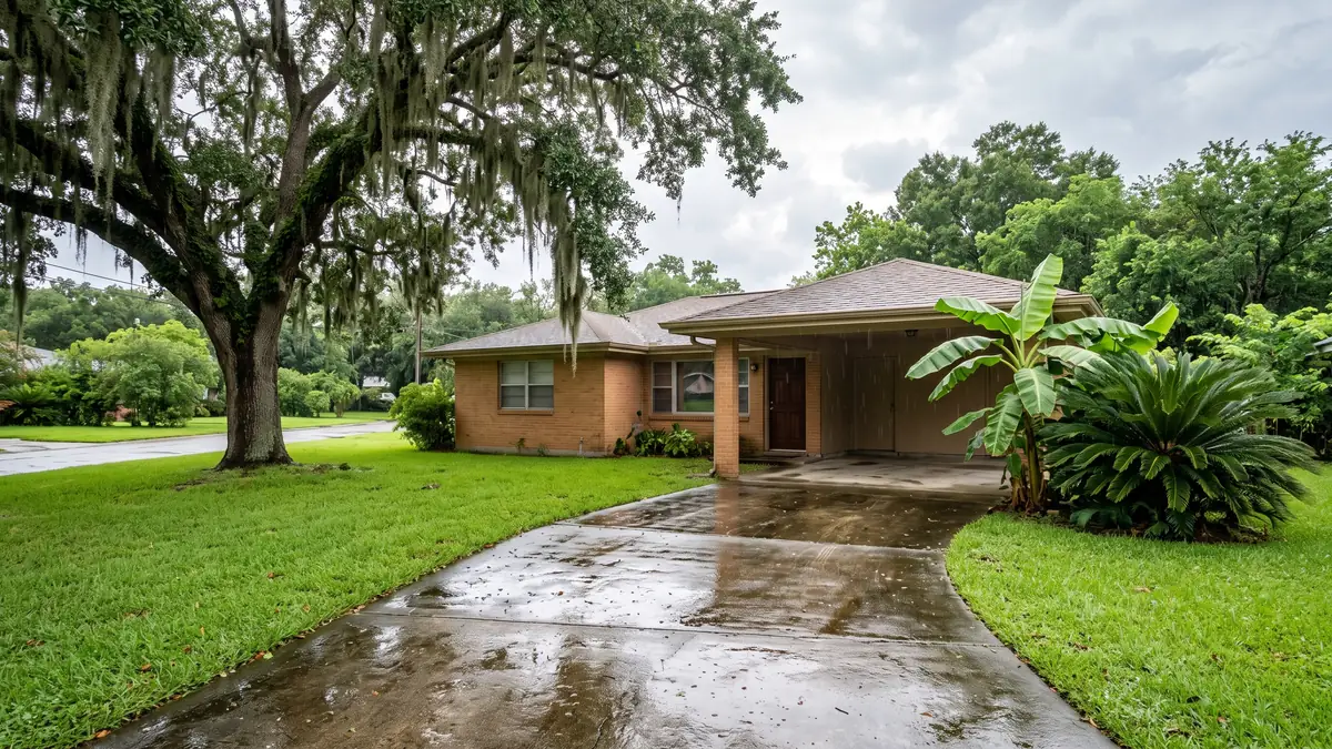 Rain-wet driveway leading to a tan brick ranch with a mossy live oak and banana plant — slab leak detection in Prairieville, LA
