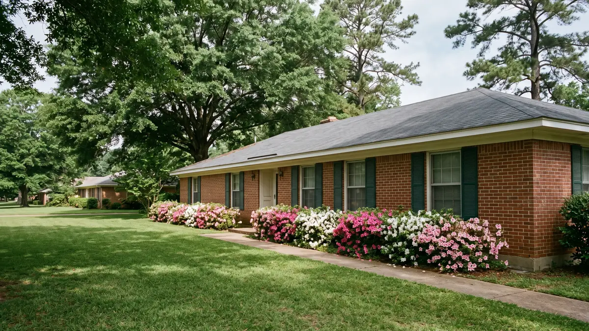 Red-brick ranch with green shutters, blooming azaleas and loblolly pines — slab leak detection in Southaven, MS