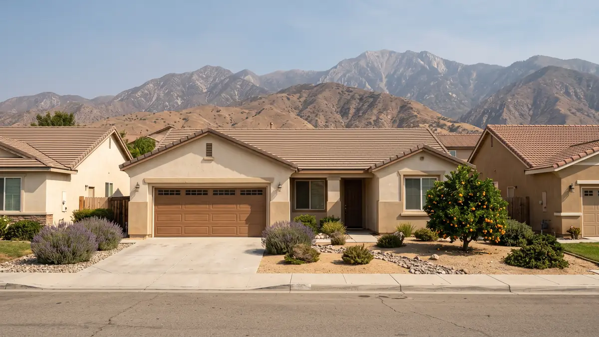 Beige stucco tract home with a tile roof, lavender and an orange tree below the San Bernardino Mountains — slab leak detection in Yucaipa, CA