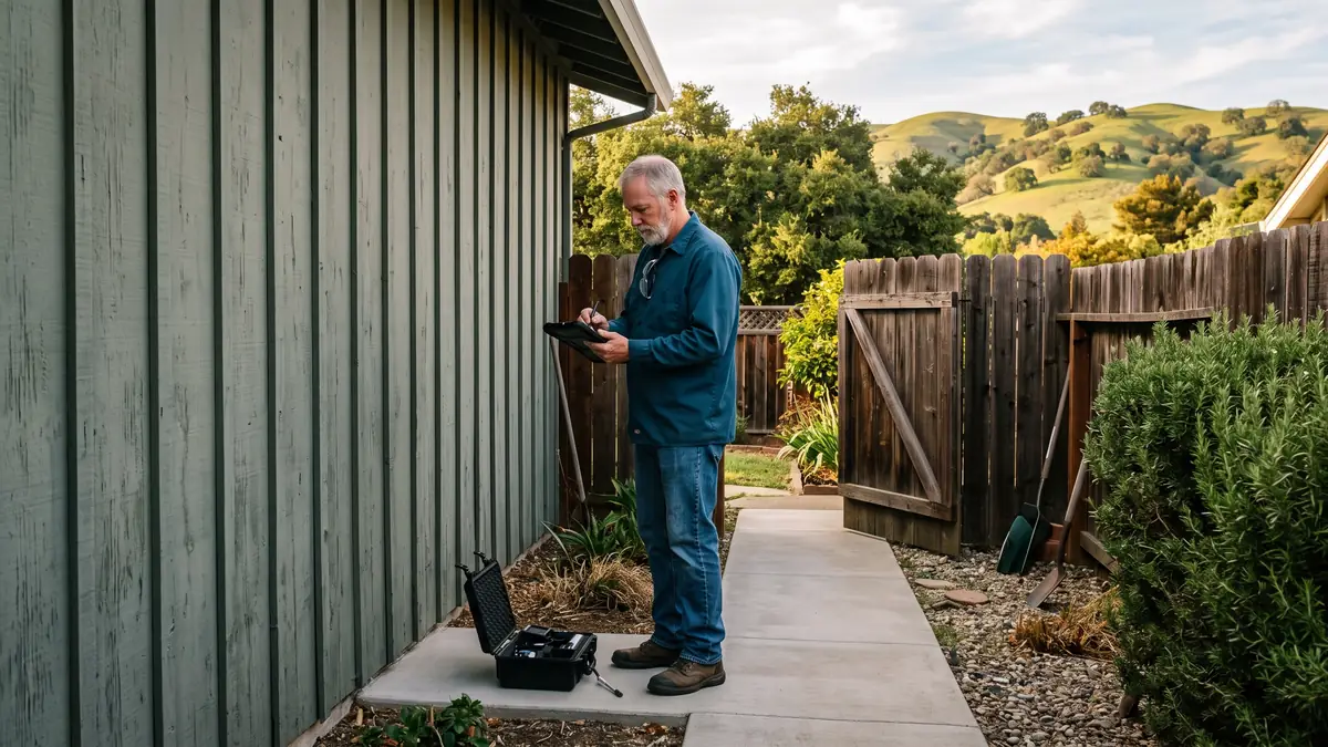 Technician logging readings on a tablet in a side yard with green hills behind — slab leak repair in Antelope, CA