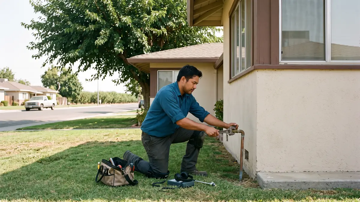 Technician turning a valve on a water riser beside a stucco-and-wood ranch wall — slab leak repair in Clovis, CA