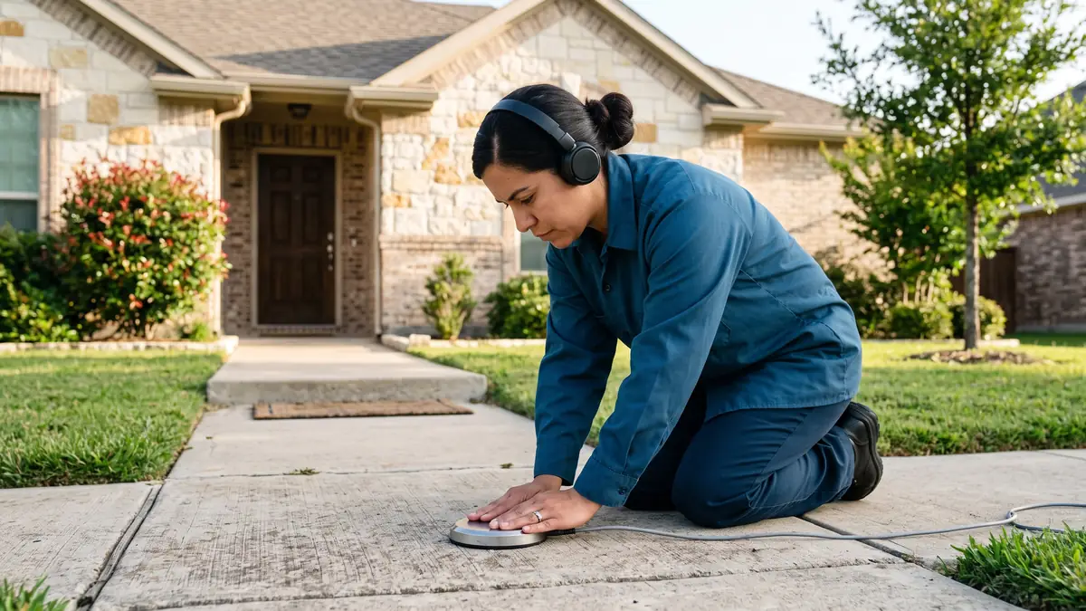 Technician in headphones pressing a ground microphone to the front walk of a brick ranch — slab leak repair in Euless, TX