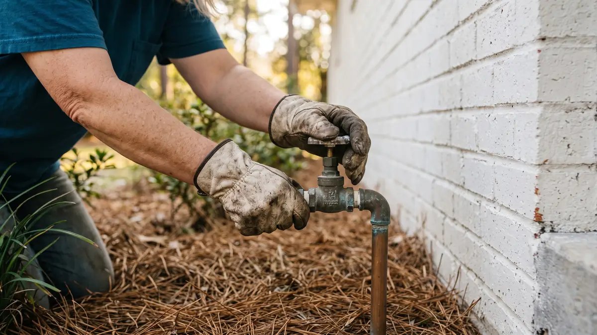 Gloved hands closing a shut-off valve in pine straw beside a white brick wall — slab leak repair in Fleming Island, FL
