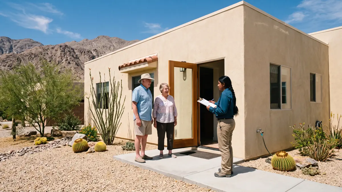 Technician with a clipboard talking with a retired couple at a flat-roofed stucco home — slab leak repair in Glendale, AZ