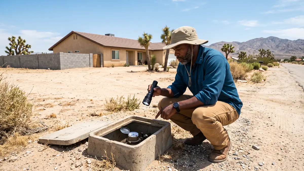 Technician shining a flashlight into an open meter box in a sandy yard with Joshua trees — slab leak repair in Lancaster, CA