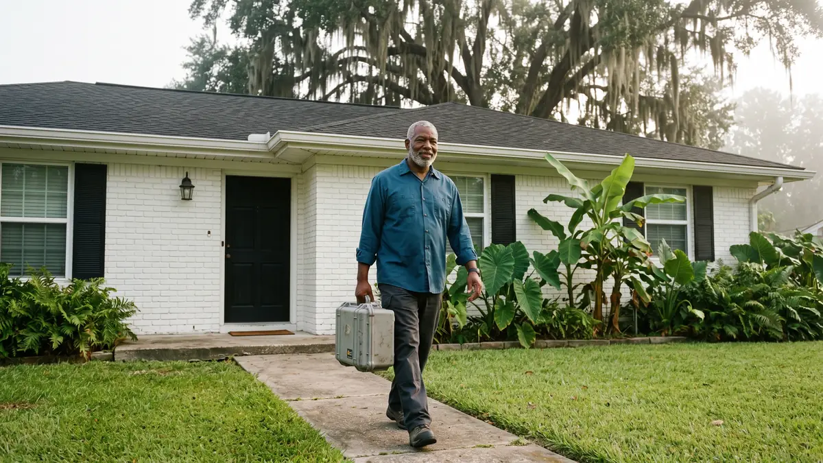 Technician carrying an equipment case up the walk of a white brick ranch — slab leak repair in Metairie, LA