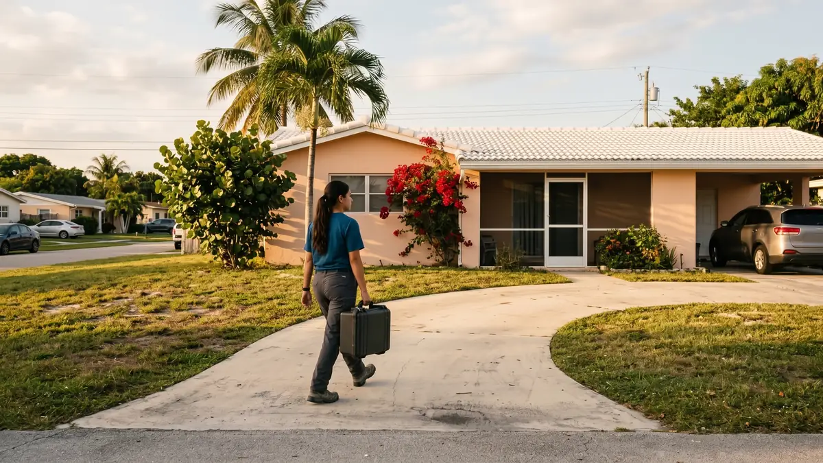 Technician carrying an equipment case up the driveway of a peach stucco home at golden hour — slab leak repair in Palm City, FL