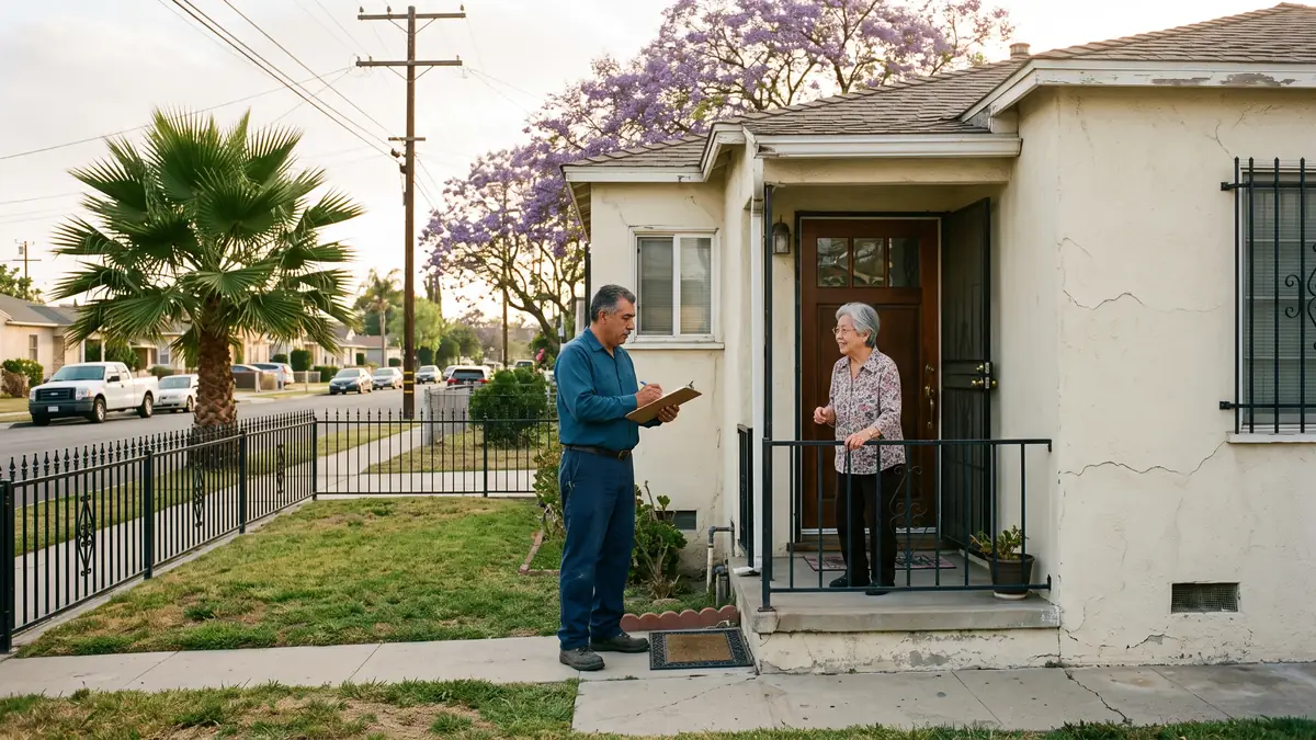 Technician with a clipboard talking with a homeowner at the gated door of a stucco bungalow — slab leak repair in Paramount, CA