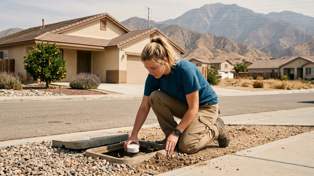 Technician lifting the cap of a curbside water meter in front of a stucco tract home — slab leak repair in Perris, CA
