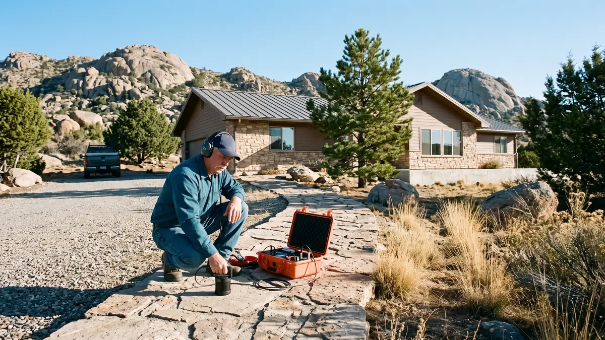 Technician pressing a ground microphone to a flagstone path with granite hills behind — slab leak repair in Prescott Valley, AZ