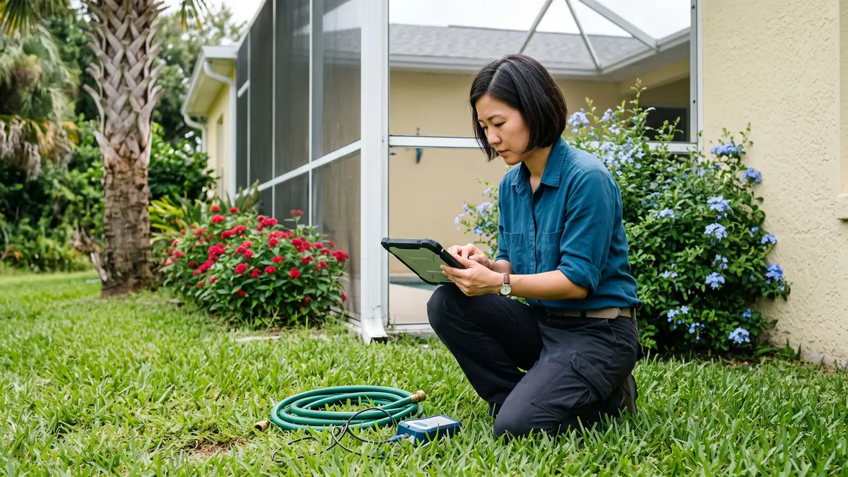 Technician using a tablet on the lawn beside a screened pool cage — slab leak repair in Riverview, FL