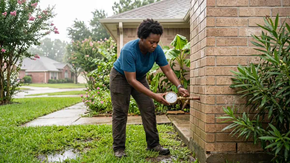Technician threading a pressure gauge onto a hose bib after rain — slab leak repair in Rosenberg, TX