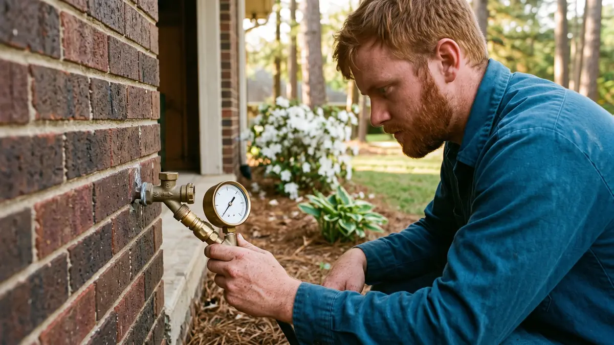 Technician holding a pressure gauge at the outdoor faucet of a brick home — slab leak repair in Southaven, MS