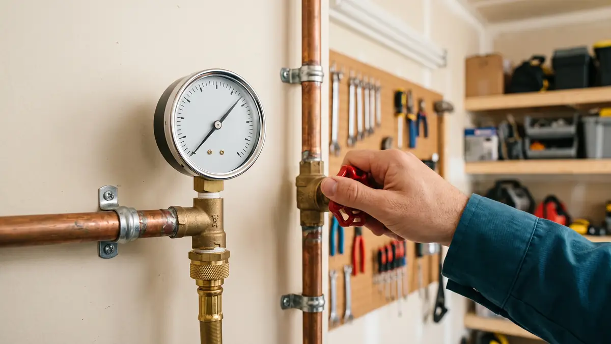 Hand closing the main shut-off valve beside a pressure test gauge in a garage — under-slab water leak repair