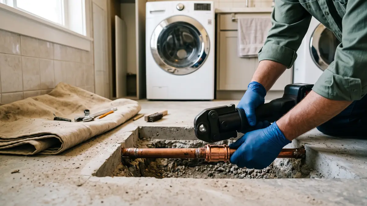 Plumber press-fitting a new copper coupling in an opening cut into a laundry-room slab, the repair that can follow slab leak detection in Alvin, TX
