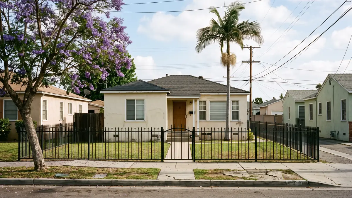 1950s stucco bungalow behind a wrought-iron fence with a jacaranda, palm and power lines — slab leak detection and repair