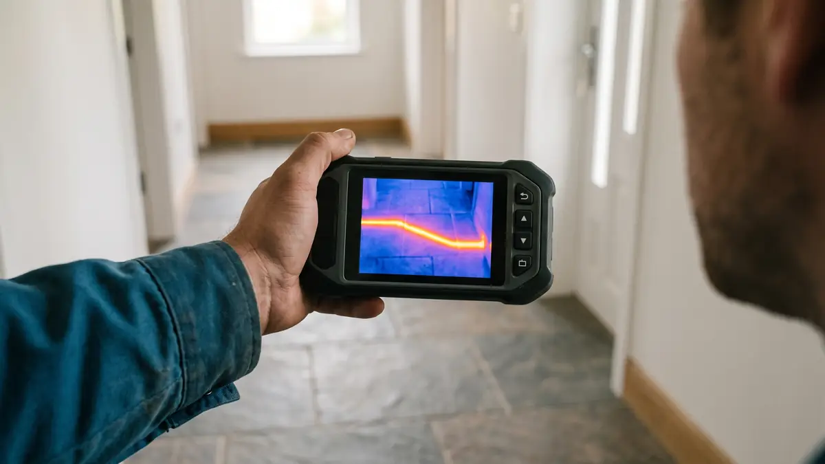 Thermal camera showing the warm line of a leaking hot water pipe under a tiled hallway — slab leak detection and repair